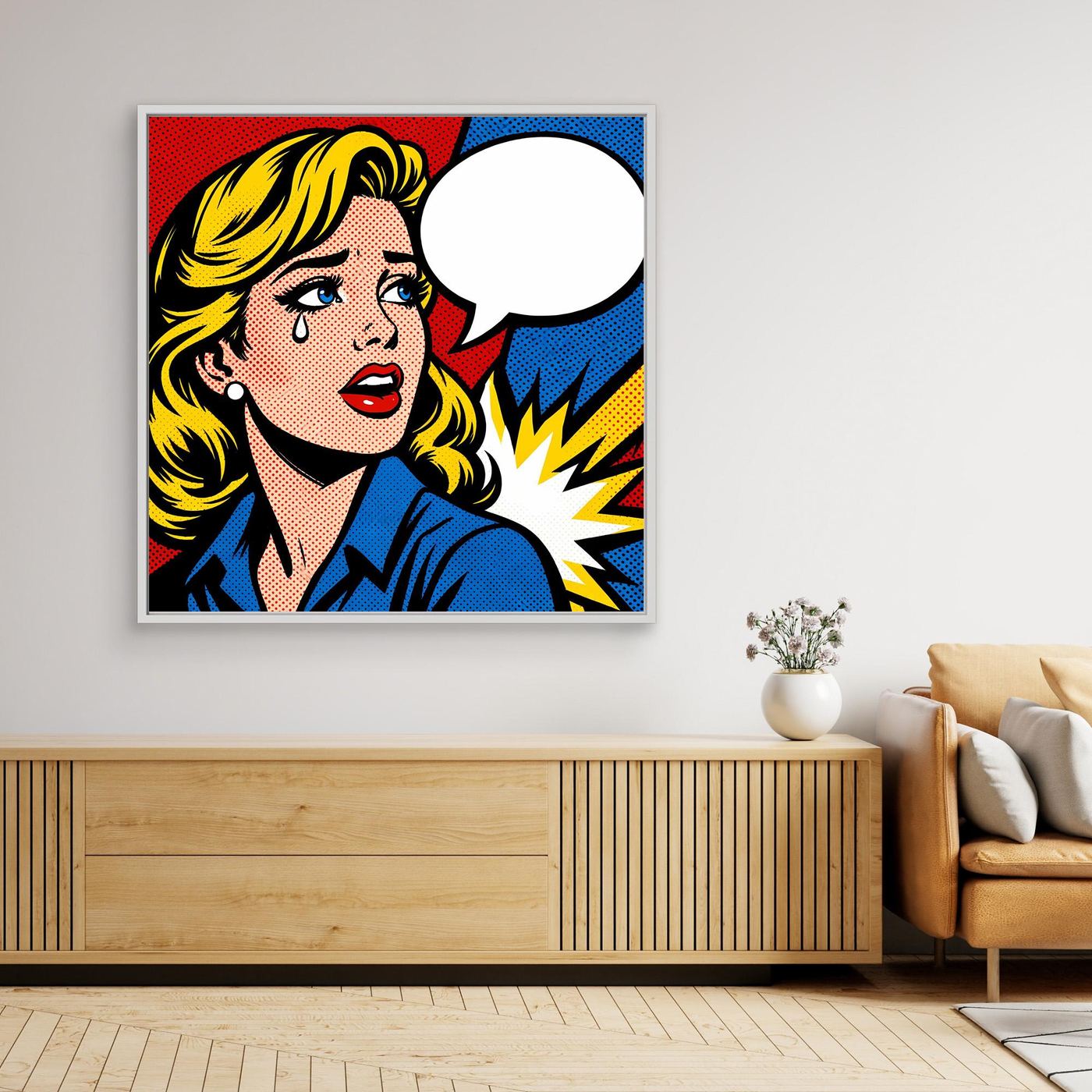 Leinwandbild Pop-Art Frau mit Sprechblase, weiß gerahmt