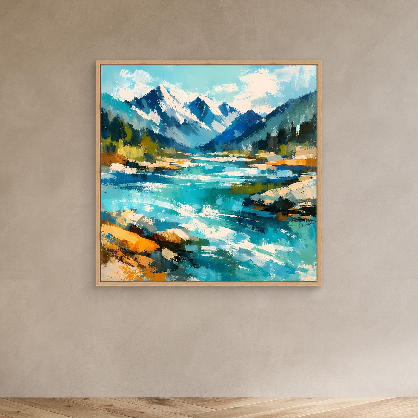 Abstraktes Leinwand-Wandbild mit Berglandschaft und Fluss, türkis und blau, Holzrahmen