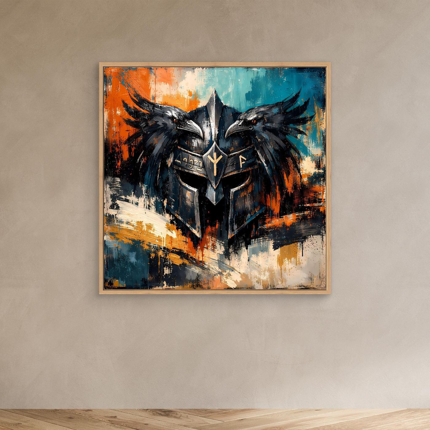 Wikinger-Wandbild mit Odin-Helm und zwei Raben, Holzrahmen, abstrakte Pinselstriche