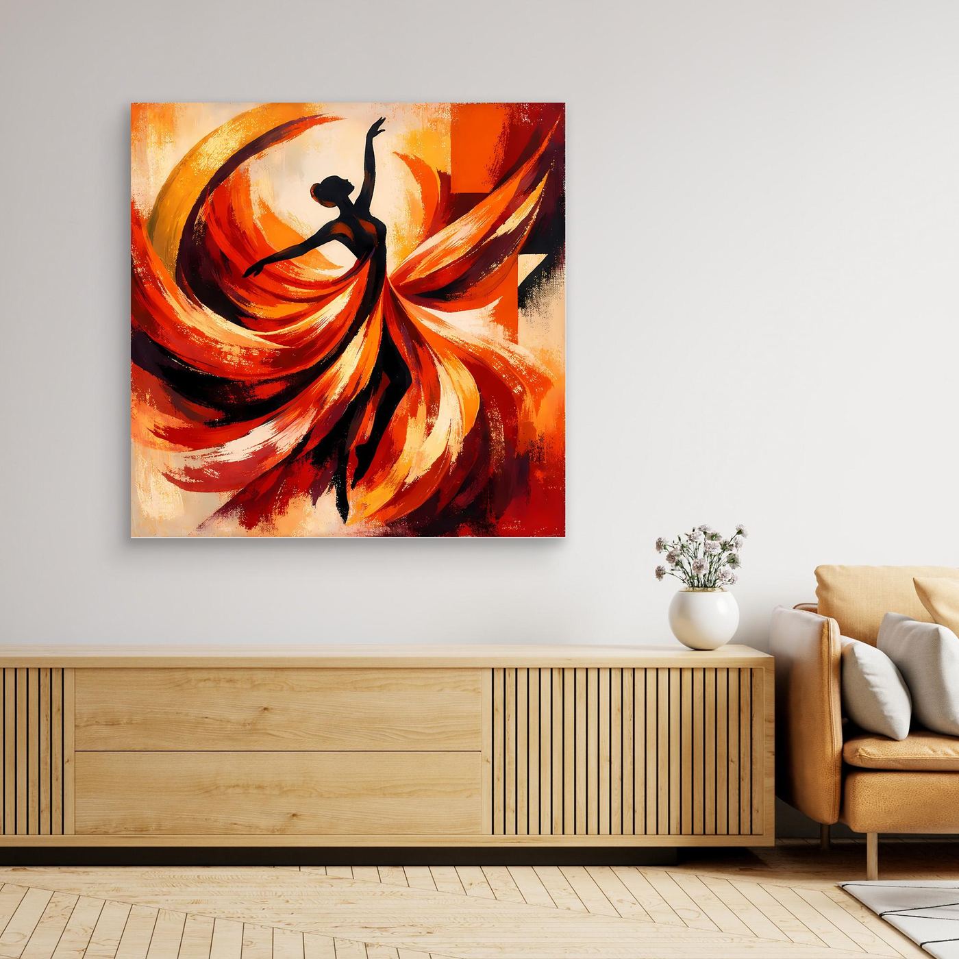 Quadratisches Leinwandbild mit Holzrahmen: abstrakte Ballerina, orange-rote Wirbel auf Leinwand.