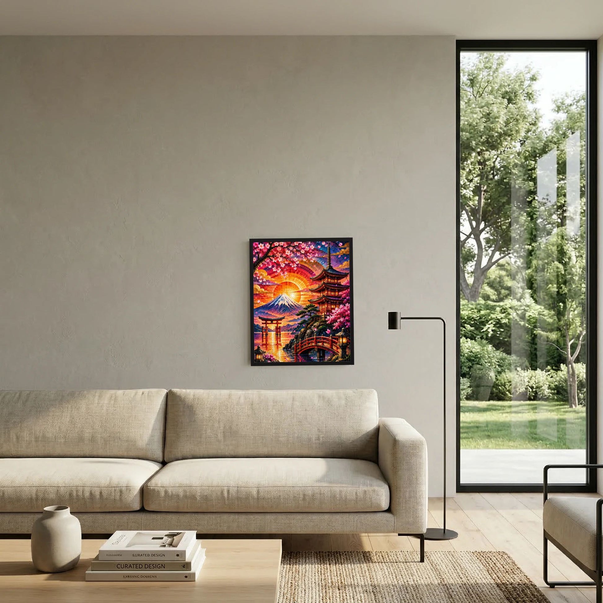 Hochformatposter mit schwarzem Rahmen an der Wand: Fuji, Kirschblüten und Pagode im Mosaik