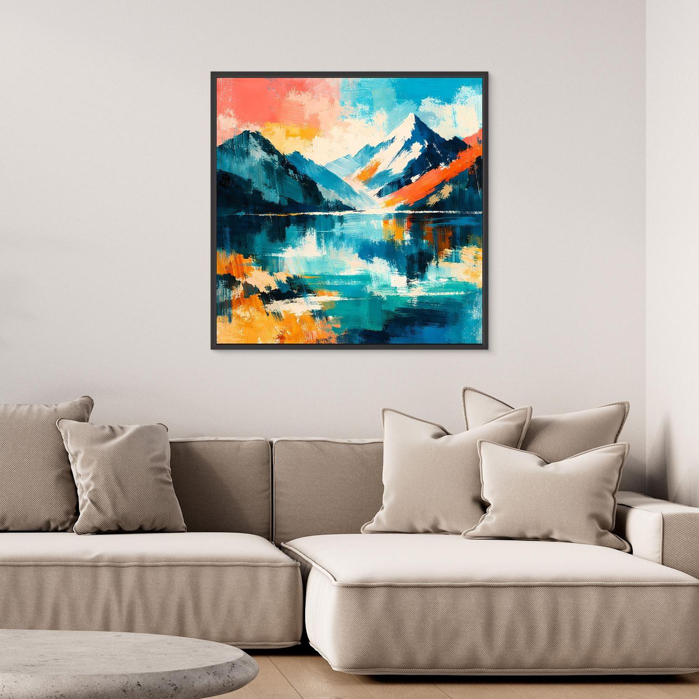 Gerahmtes Leinwandbild: abstrakte Alpenlandschaft mit See-Reflexion in Blau und Orange