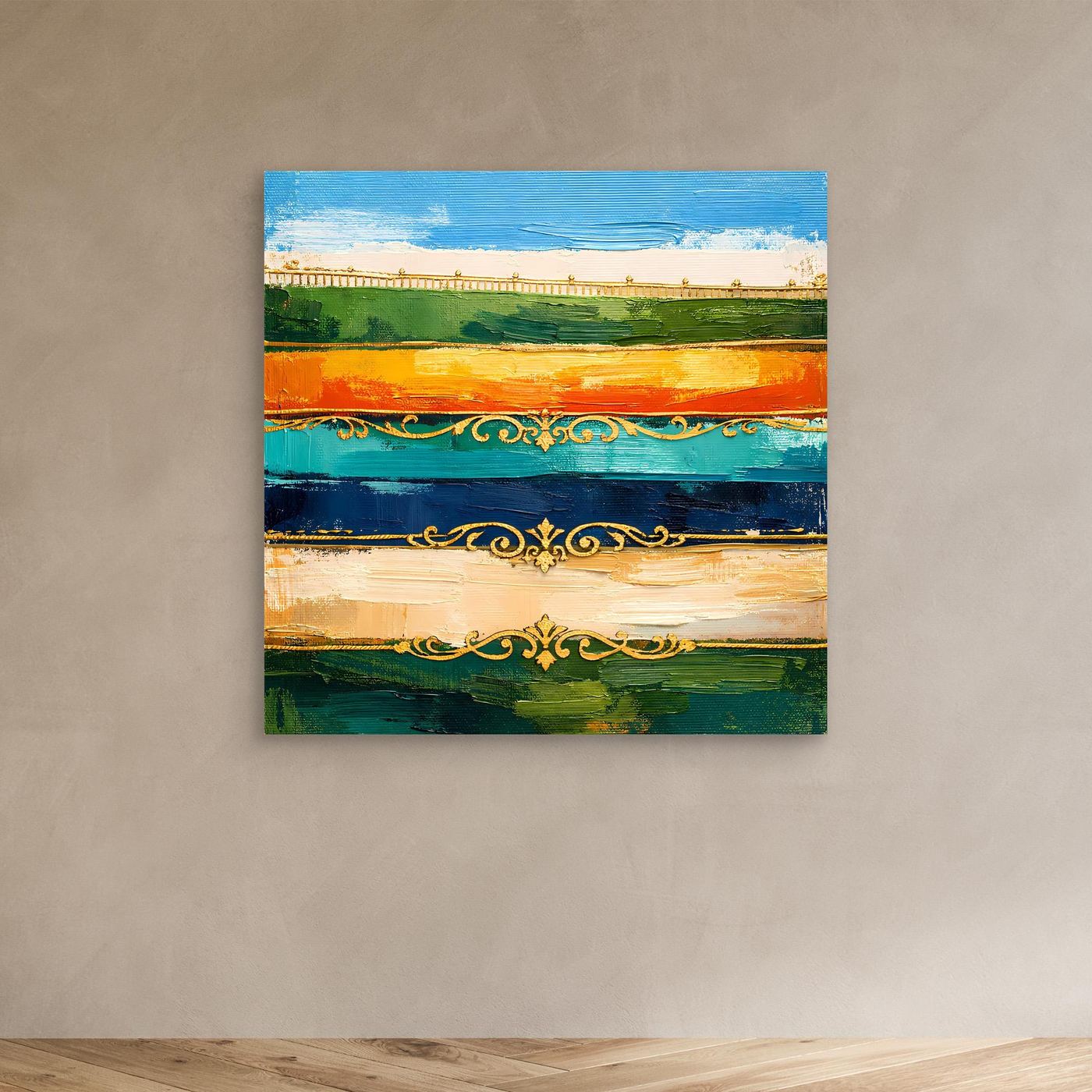 Leinwand Elegante Abstrakte Farbstreifen | Modernes Wandbild mit Goldornamenten