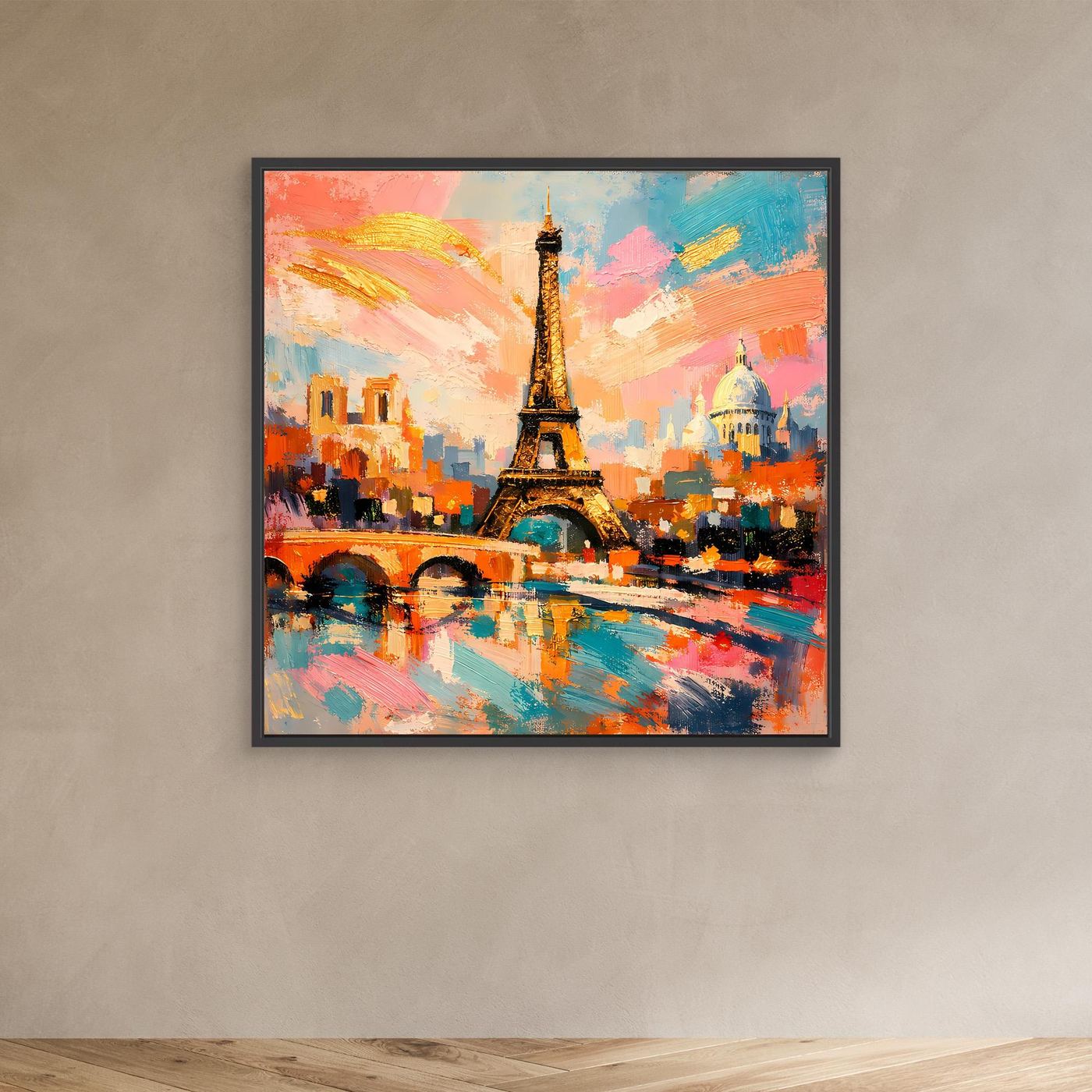 Schwarz gerahmtes Leinwandbild mit Eiffelturm und Pariser Skyline, bunt abstrakt