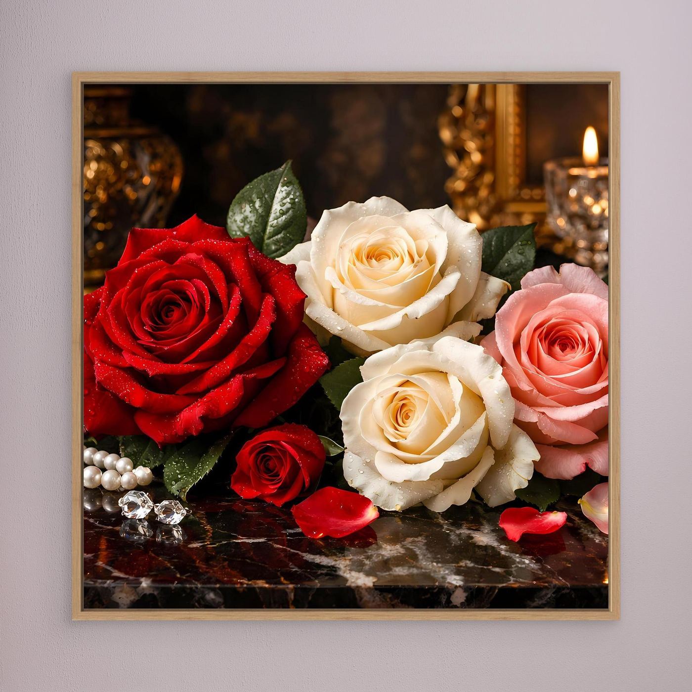 Gerahmtes Leinwandbild mit Rosenstillleben: rote, weiße und rosafarbene Rosen, goldbrauner Rahmen.