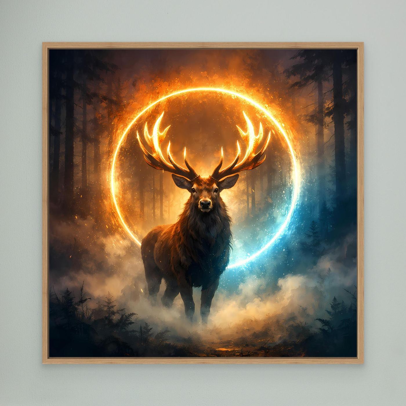 Leinwandbild mit Hirsch im leuchtenden Kreis (Orange bis Blau), Eichenrahmen