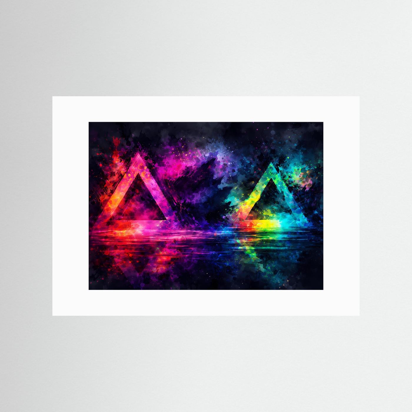Abstraktes Kunstposter mit leuchtenden Neon-Dreiecken, Querformat, weißes Passepartout