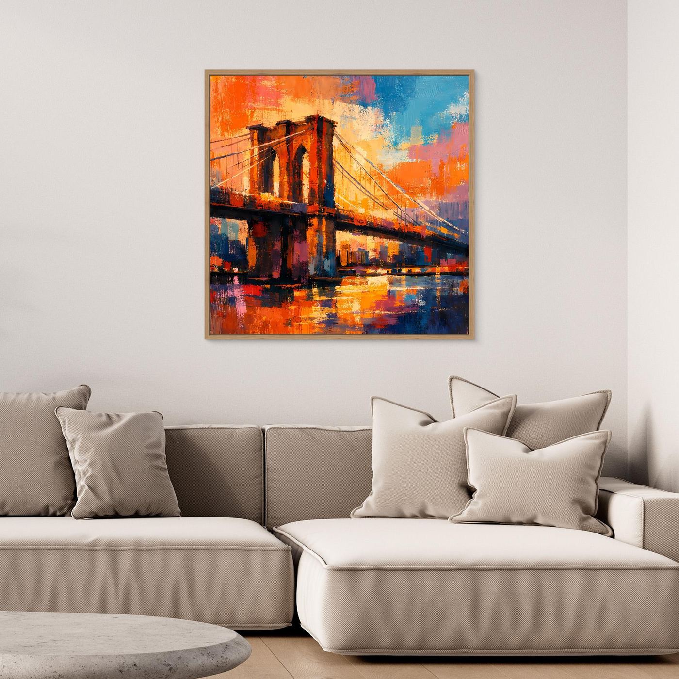 Gerahmtes Leinwandbild mit abstrakter Brooklyn-Bridge und spiegelndem Wasser in Orange/Blau