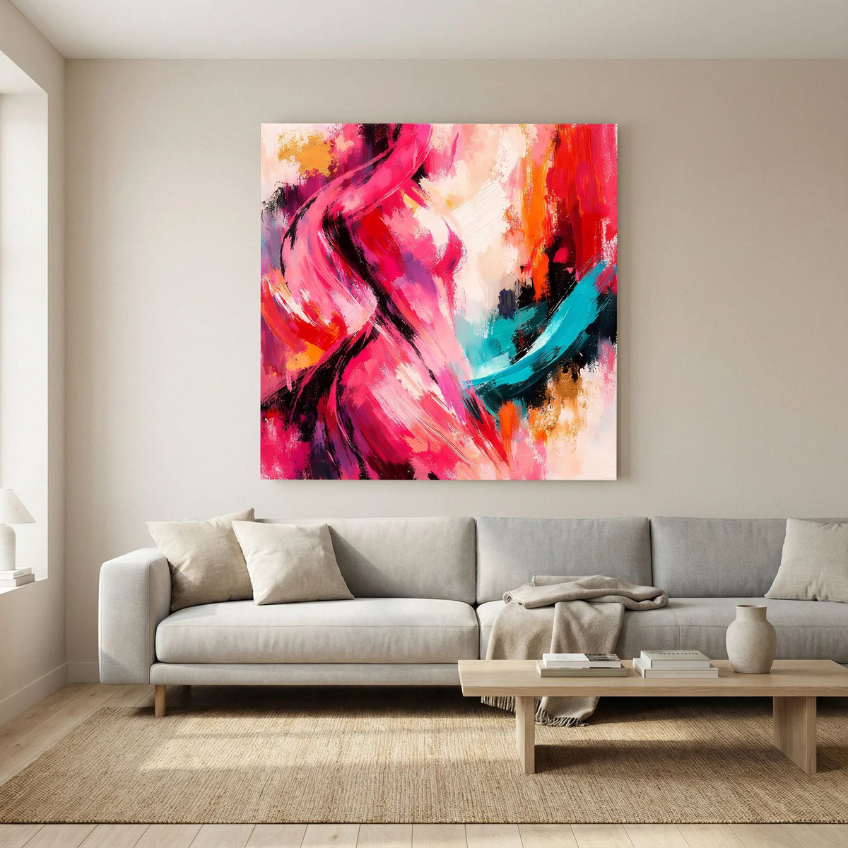 Leinwandbild auf Holzkeilrahmen: abstrakte weibliche Silhouette in leuchtendem Rot, Pink und Blau