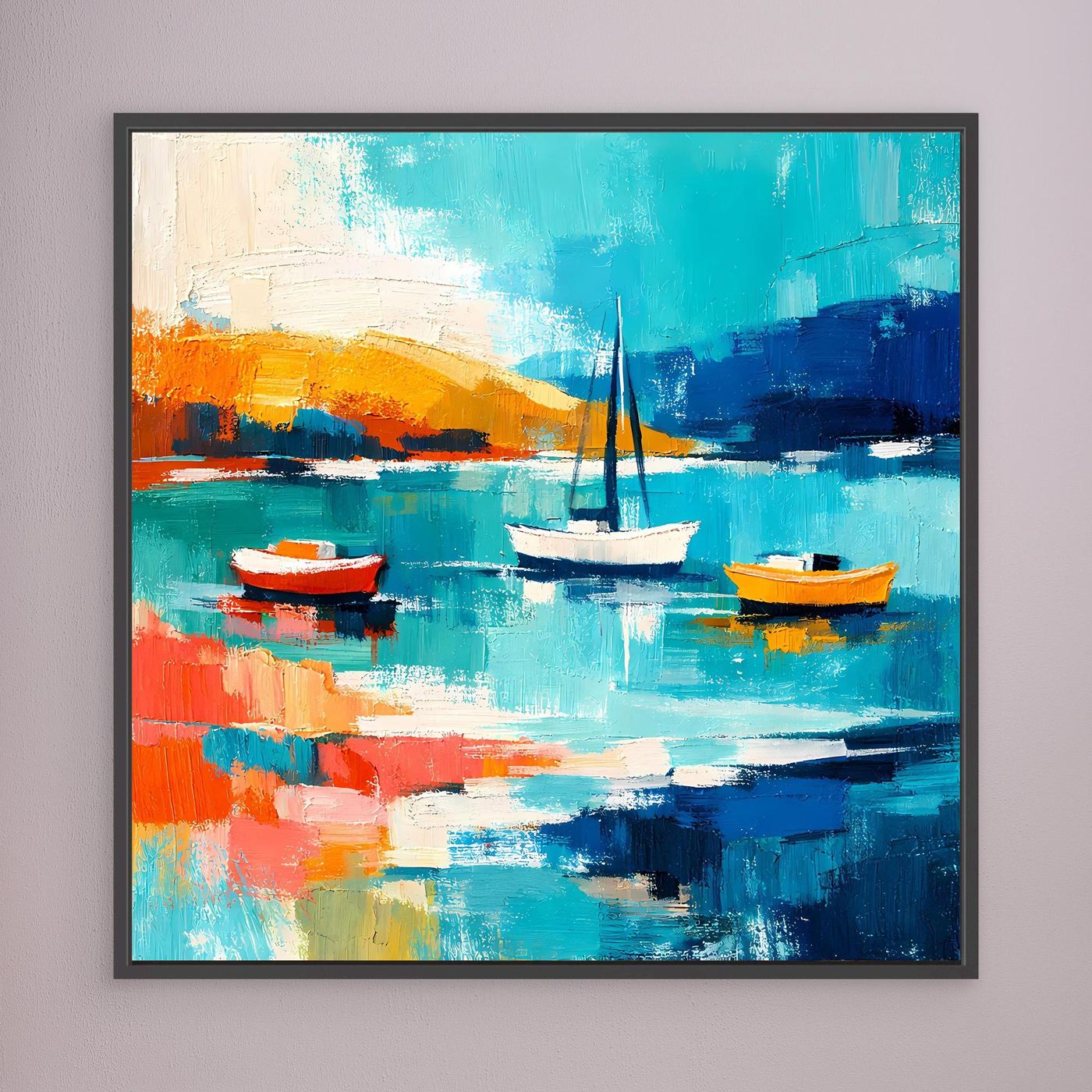Dark-framed abstract sailboat wall art with teal water, orange boats, and navy shapes