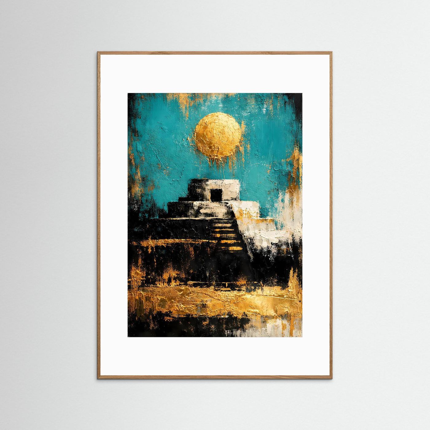 Gerahmtes Kunstposter mit abstrakter Pyramide: türkis & golden, brauner Holzrahmen
