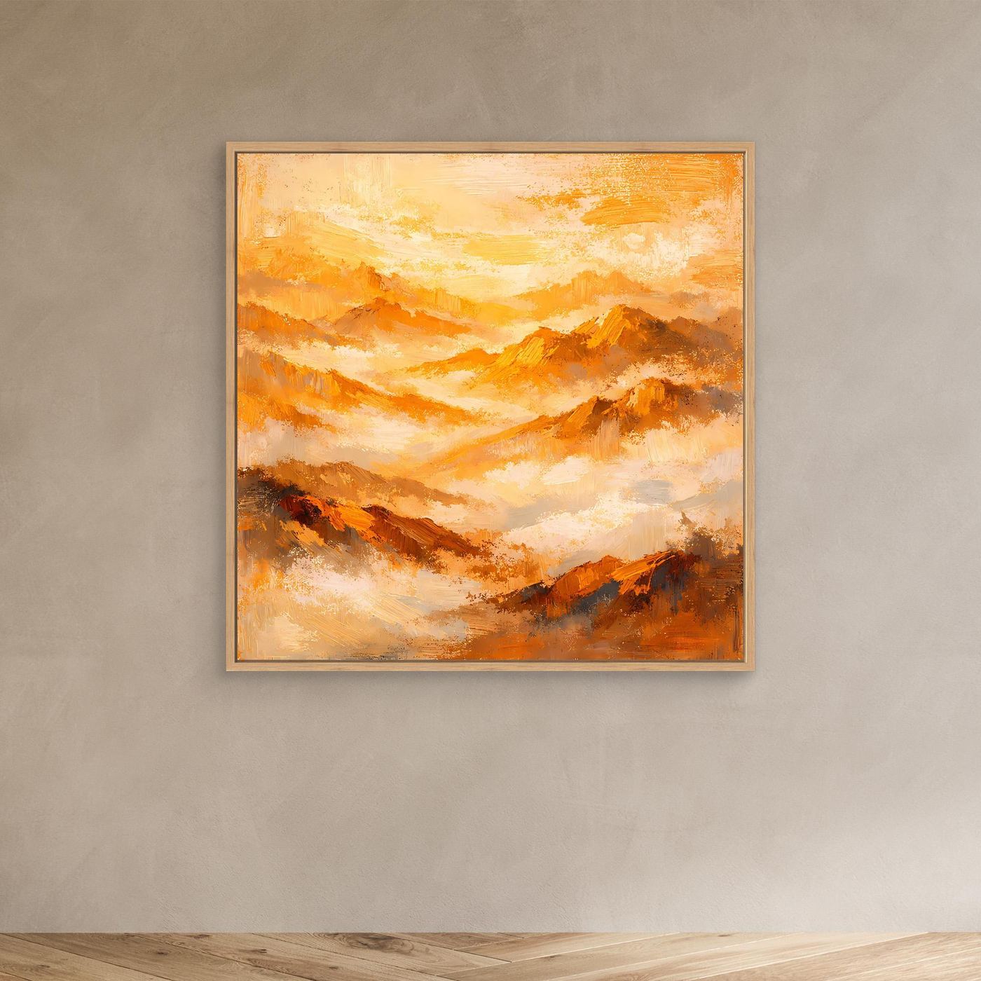 Leinwand-Wandbild mit abstrakten Bergen in Gold- und Orangetönen, heller Holzrahmen