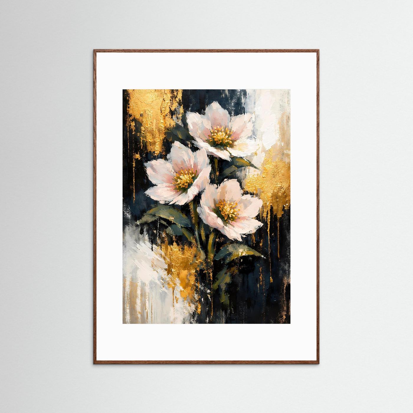 Wandbild mit abstraktem Blumenmotiv, rosa Blüten auf dunklem Hintergrund, braun gerahmt