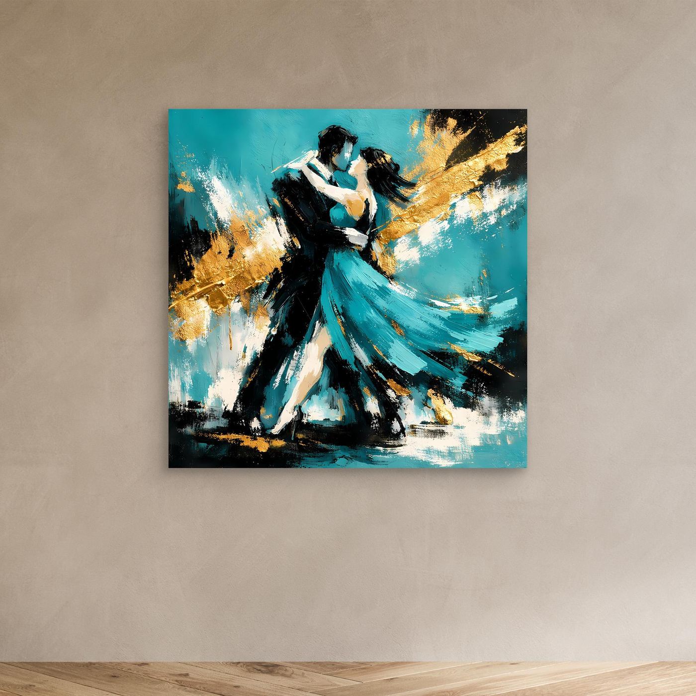 Leinwand Abstraktes Tanzpaar in Türkis und Gold | Modernes Romantisches Paar Wandbild