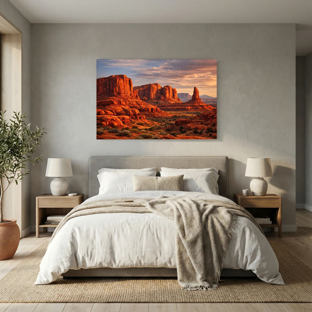 Wandbild im Querformat mit roter Felslandschaft und Abendhimmel über Bett