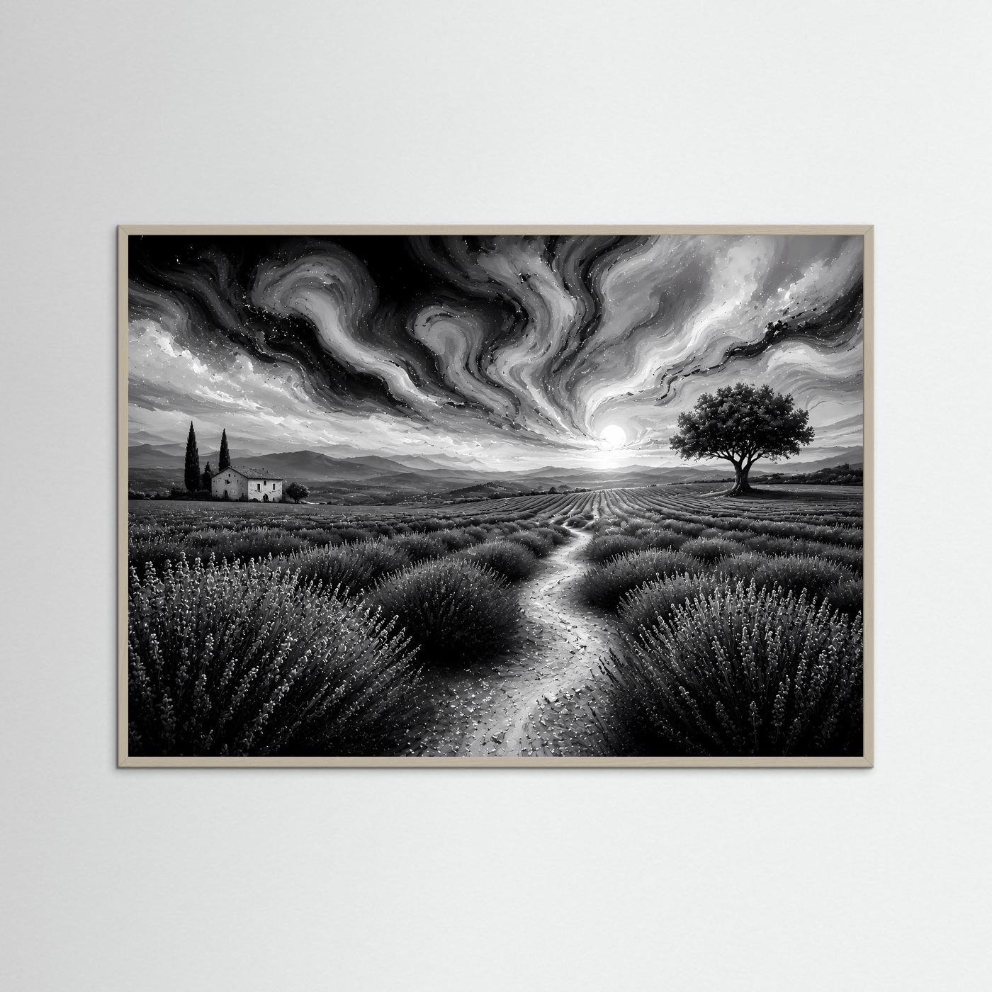 Lavendelfeld in Schwarz-Weiß | Abstrakte Landschaft mit dramatischem Himmel