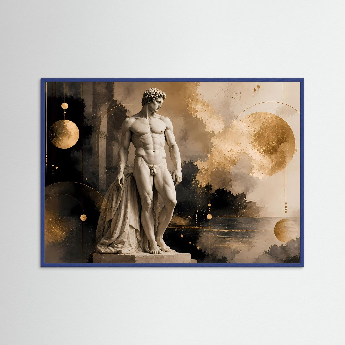 Poster mit antiker Männerstatue, blauer Bilderrahmen, Gold- und Brauntöne, Querformat