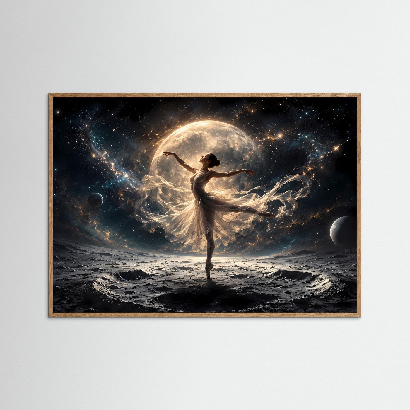 Ballerina Mond Poster | Kosmische Tanzkunst Wandbild | Moderne Fantasy Fine Art | Elegantes Universum Bild | Luxus Leinwand