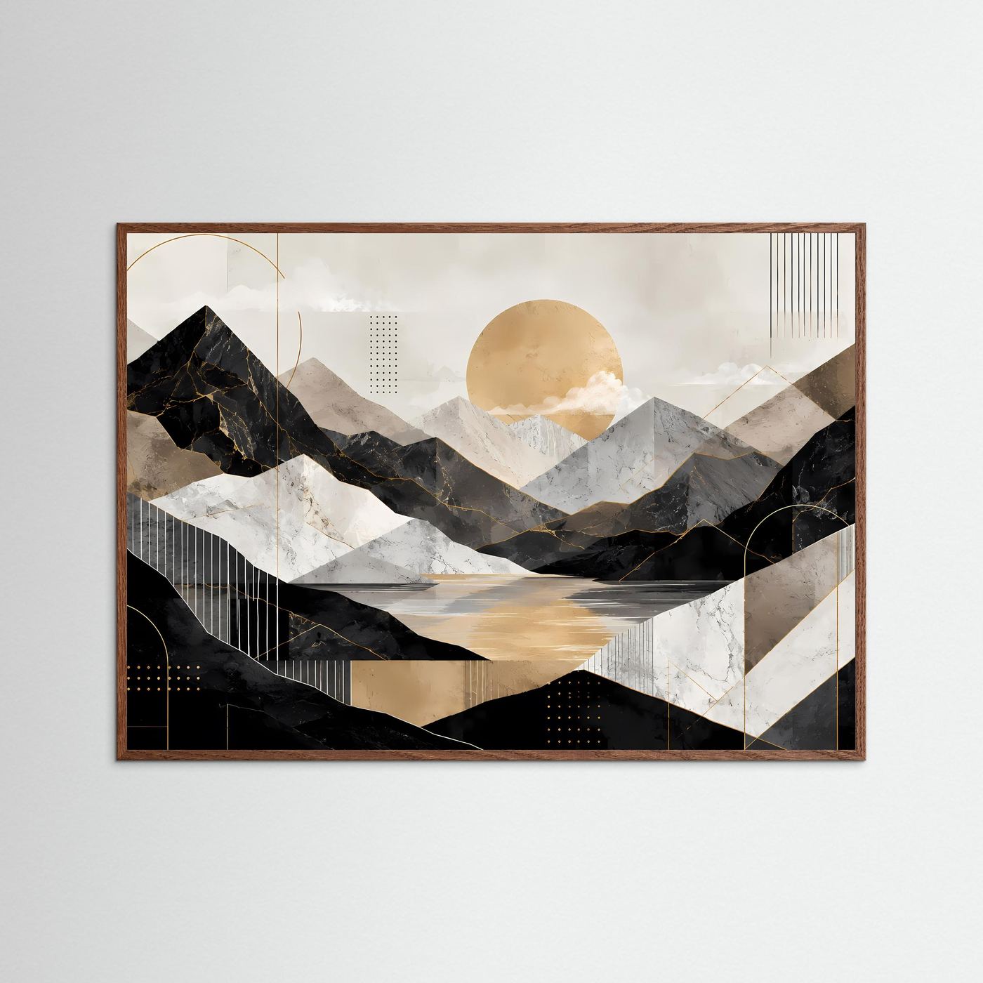 Abstraktes Poster mit Berglandschaft, See und goldener Sonne; hellbrauner Holzrahmen.