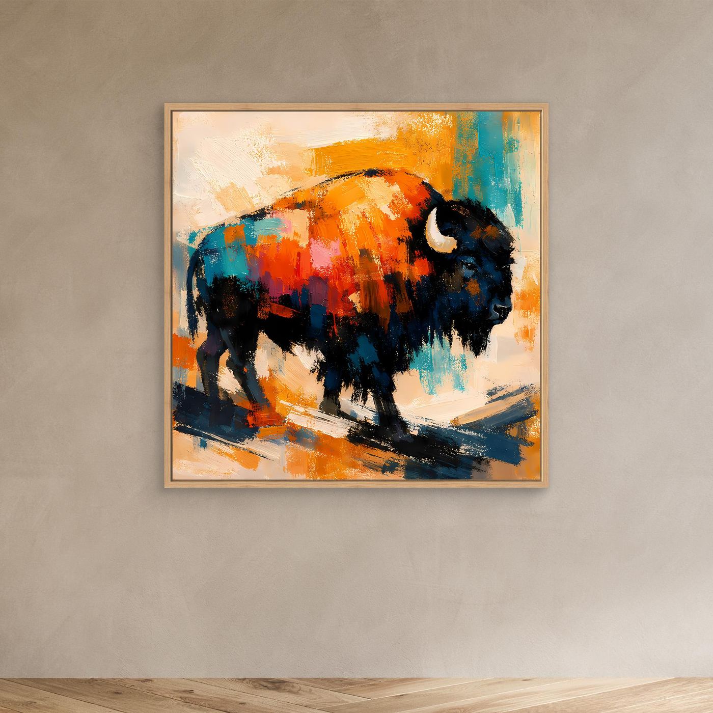 Light wood-framed modern abstract bison wall art with orange, teal, and dark blue strokes