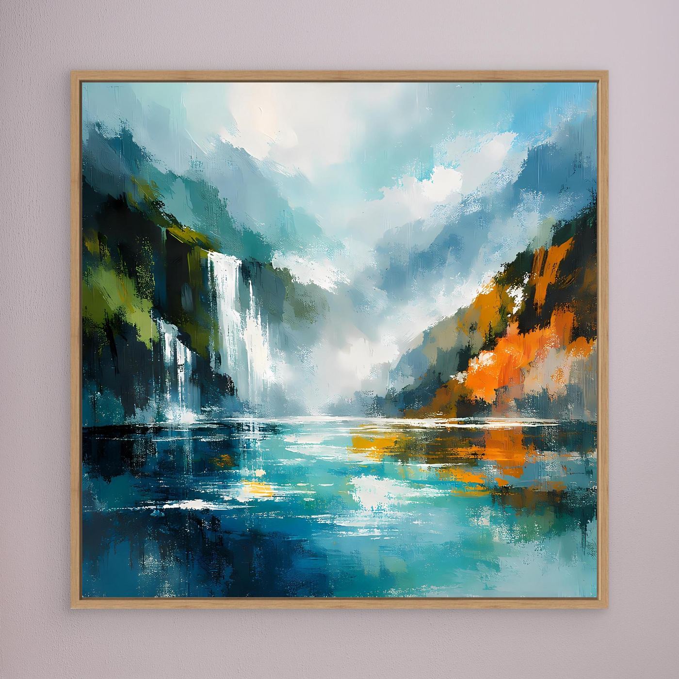 Gerahmtes abstraktes Wasserfall-Wandbild: blaues Fjordwasser, grüne Ufer, orange Flächen.