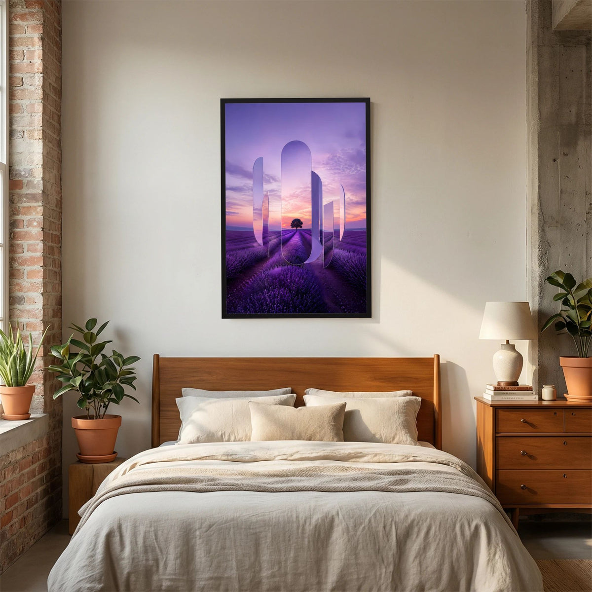 Poster im Hochformat mit schwarzem Rahmen und violettem Lavendelfeld-Sonnenuntergangsmotiv