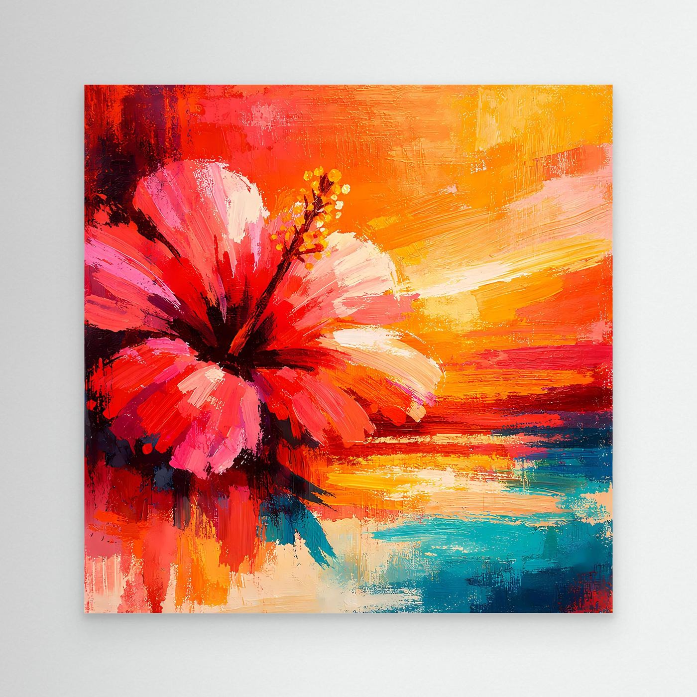 Leinwand Abstraktes Hibiskusblütenbild am Meer | Modernes Küsten Wandbild Bunt