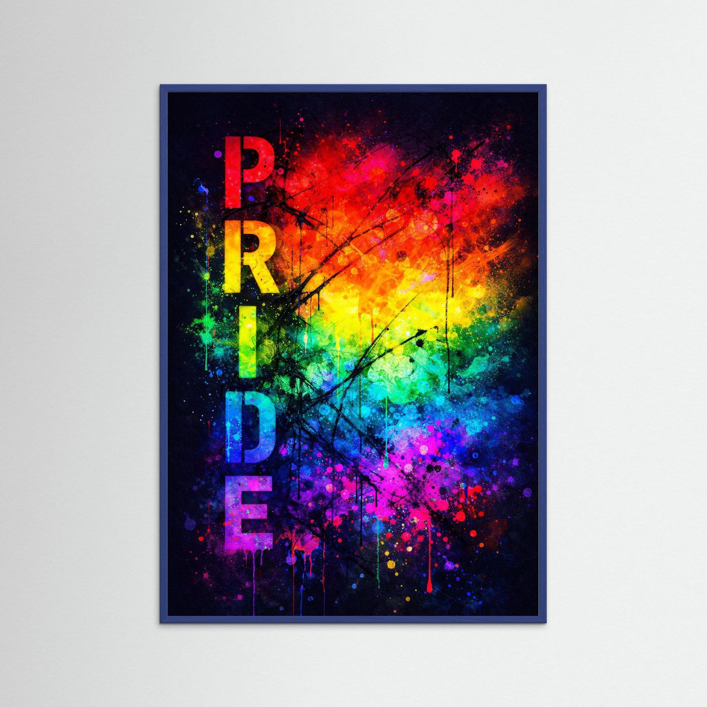 Hochformatiges Pride-Poster mit blauem Holzrahmen und vertikalem „PRIDE“ in Regenbogenfarben