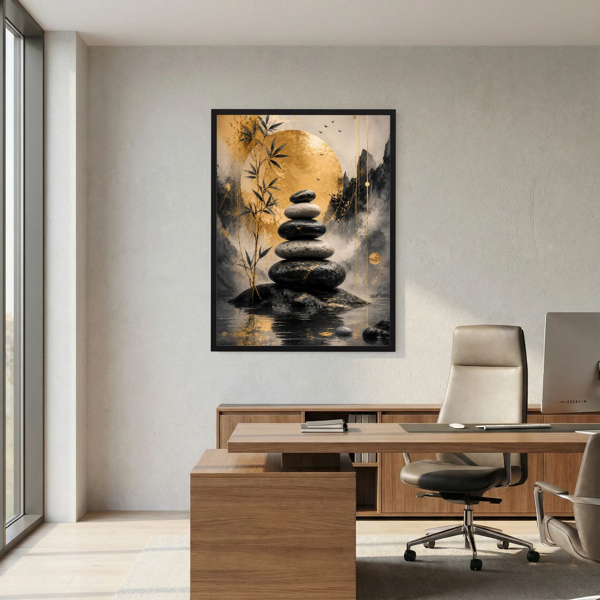 Gerahmtes Poster mit Stapel schwarzer Steine, Bambus im Licht, abstrakt in Gold und Dunkelgrau