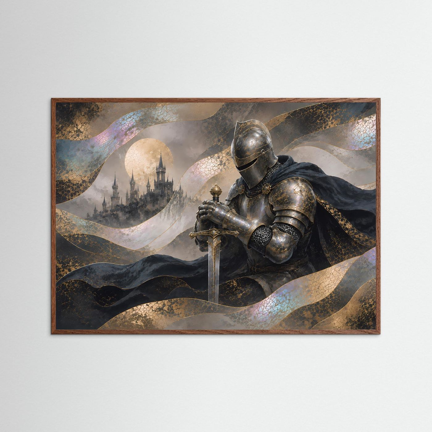 Mystischer Ritter vor Schloss | Mittelalterliche Fantasy-Kunst in Gold & Schwarz