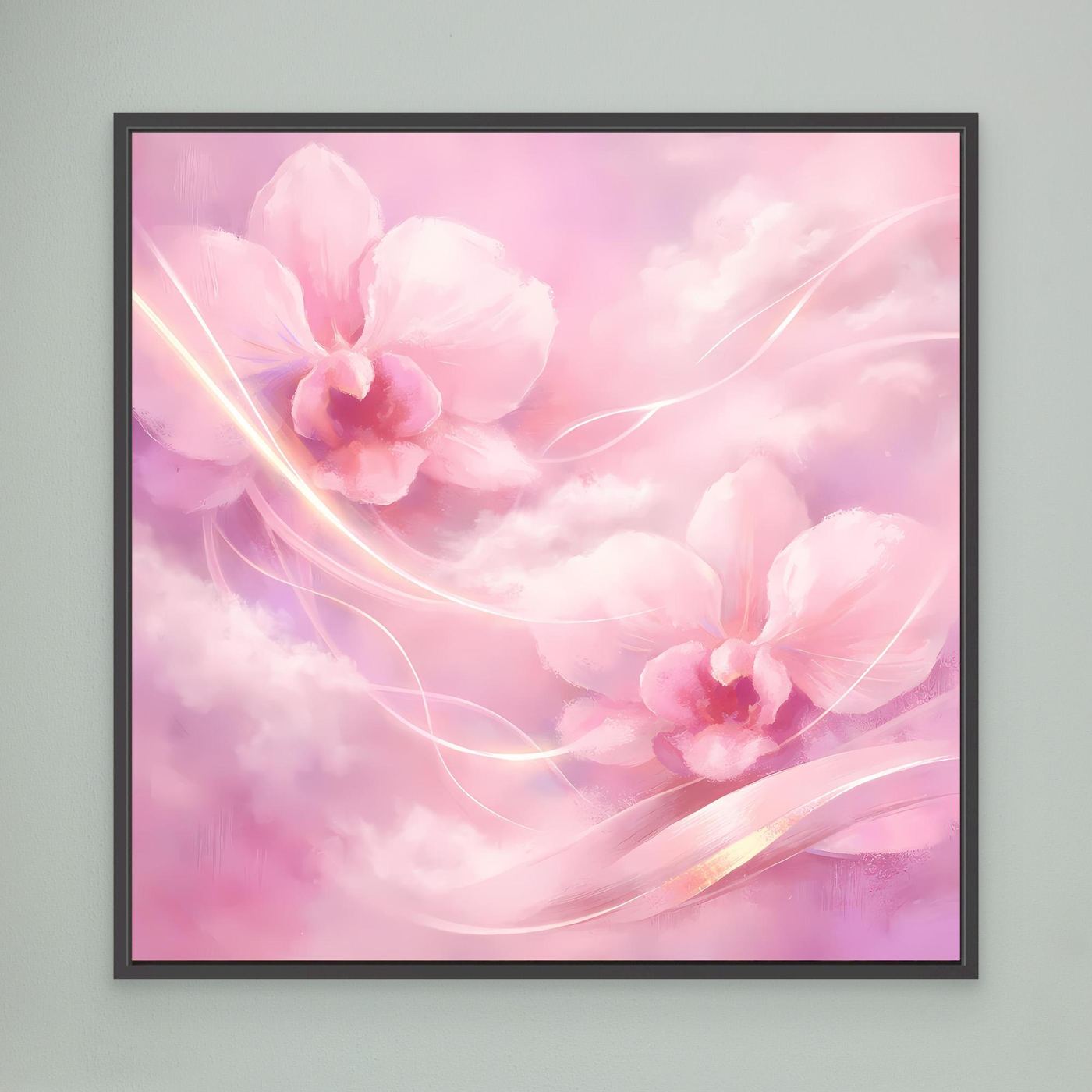 Leinwandbild mit abstrakten rosa Orchideen und goldenen Linien, schwarz gerahmt