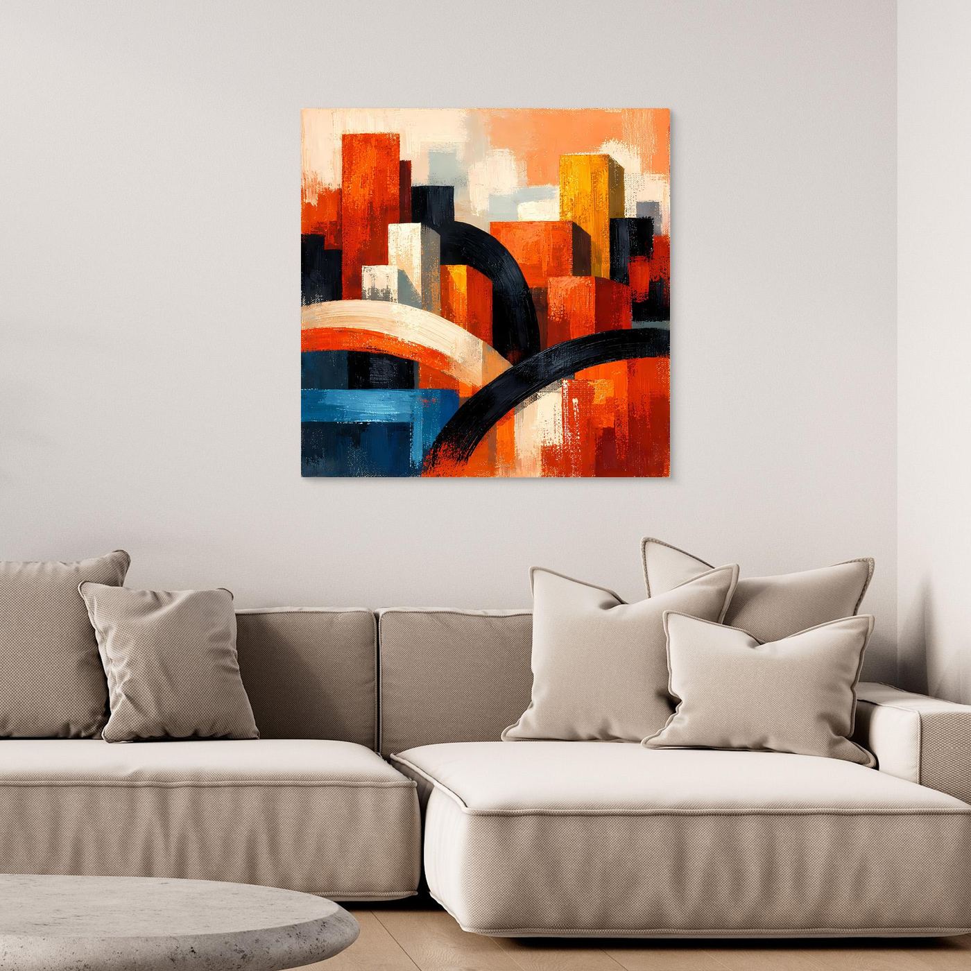 Leinwandbild mit abstrakter Skyline, orangefarbene Architekturformen und schwarze Bögen