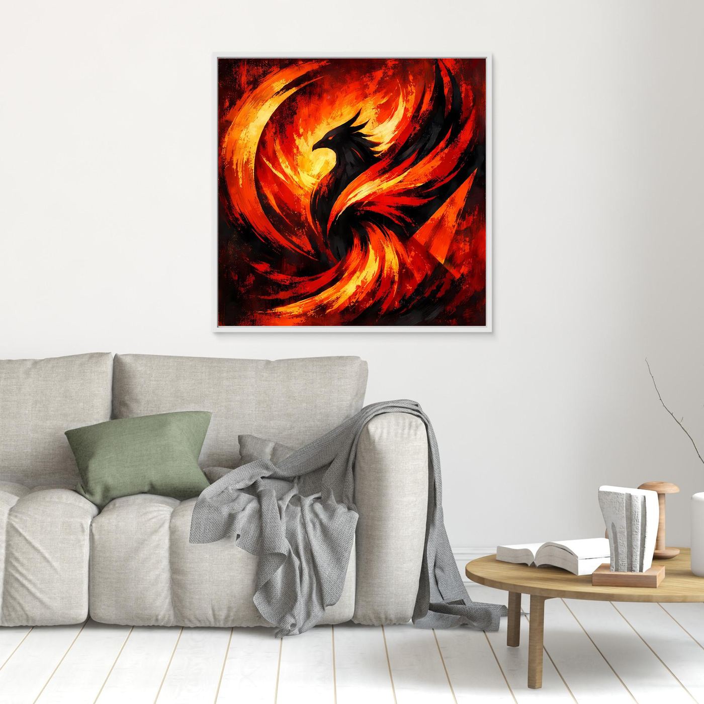Wandbild: abstrakter Phönix in Feuerrot und Schwarz mit goldener Flamme, hell gerahmt