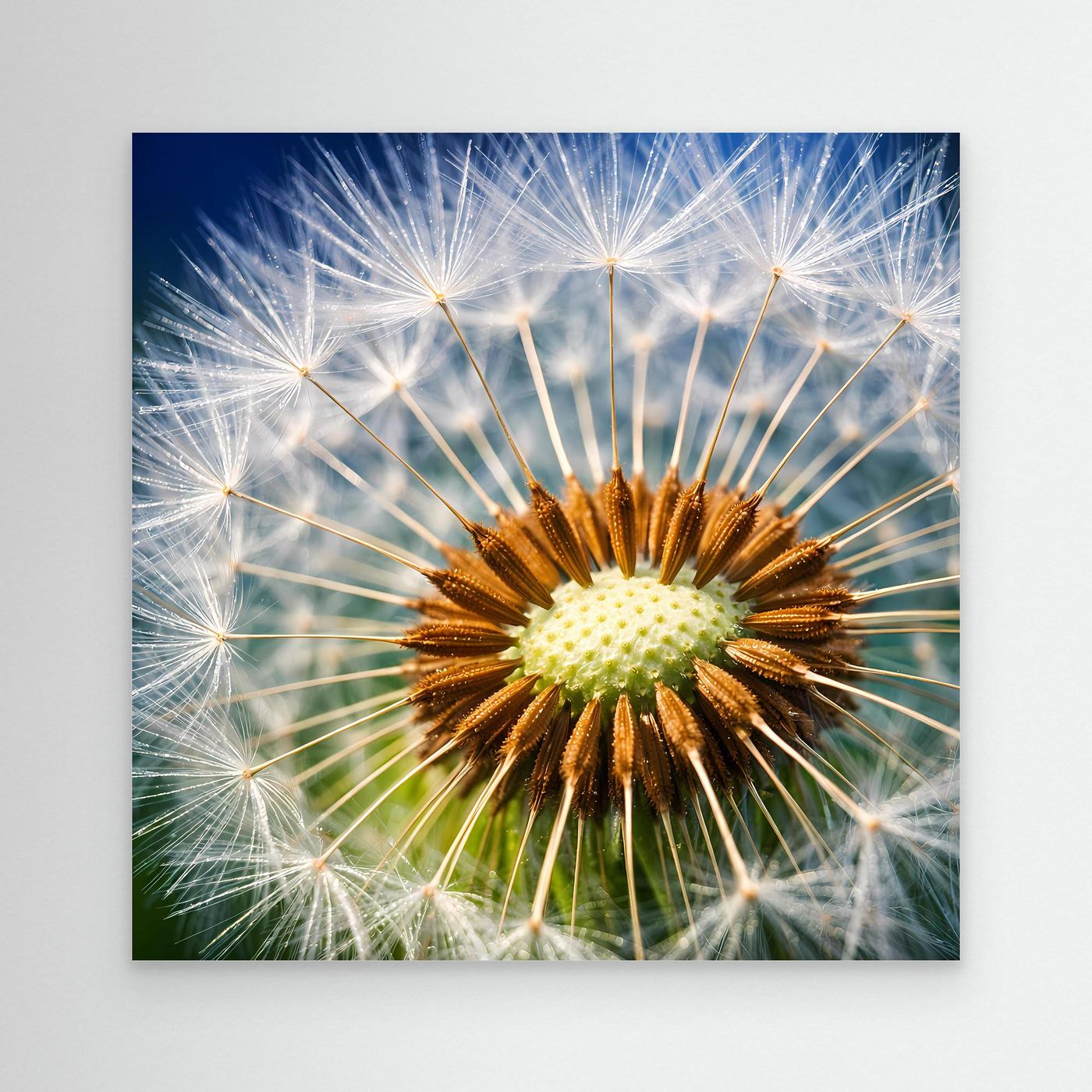 Leinwandbild Pusteblume-Makro mit weiß-gelber Pustendolde, ohne sichtbaren Rahmen