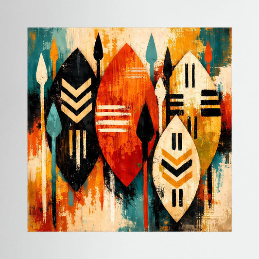 Abstraktes Wandbild mit drei stilisierten afrikanischen Schilden in Orange, Schwarz und Türkis