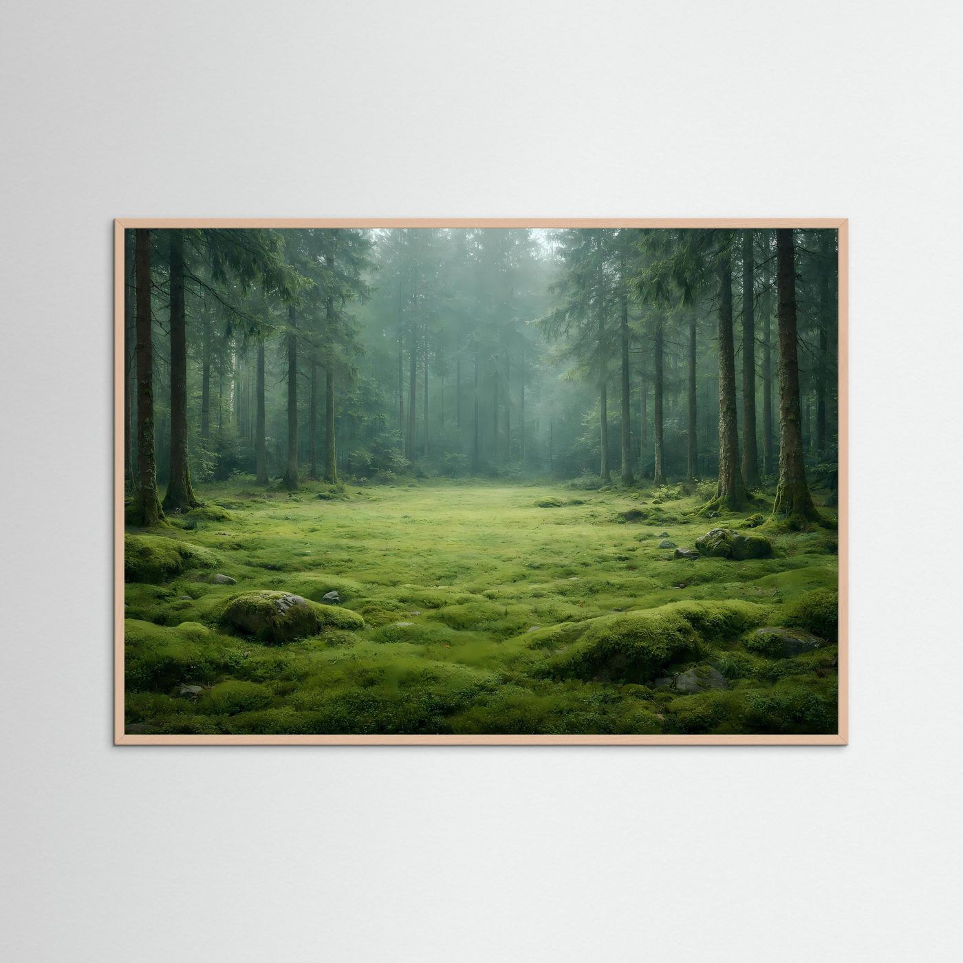 Wandbild mit Waldlandschaft und Moospolster, naturfarbener Holzrahmen