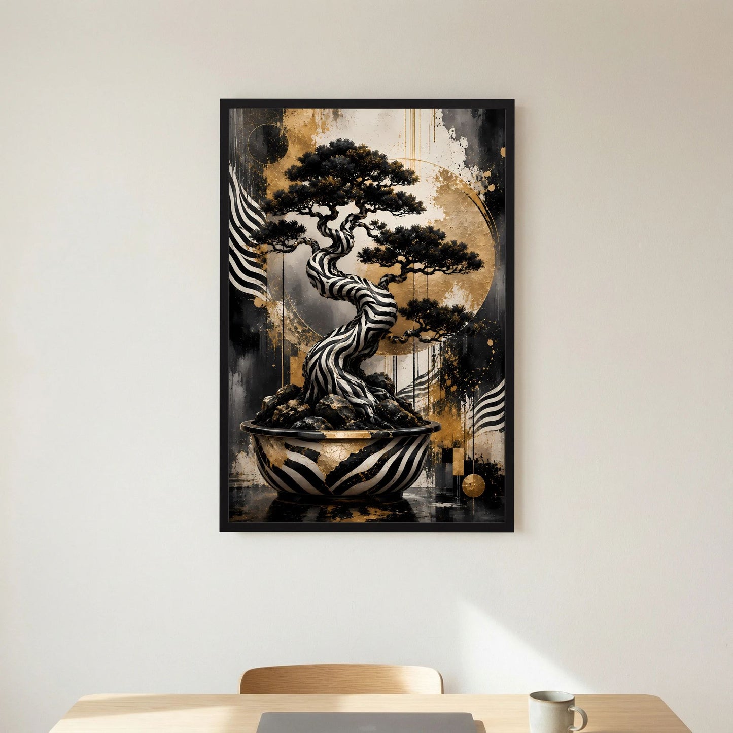 Zebra Bonsai | Abstrakter Baum in Schwarz Weiß Gold | Poster Hochformat