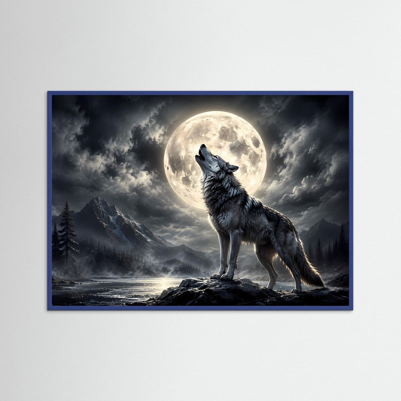 Wolf-Wandbild mit Vollmond und heulendem Wolf, blauer Rahmen