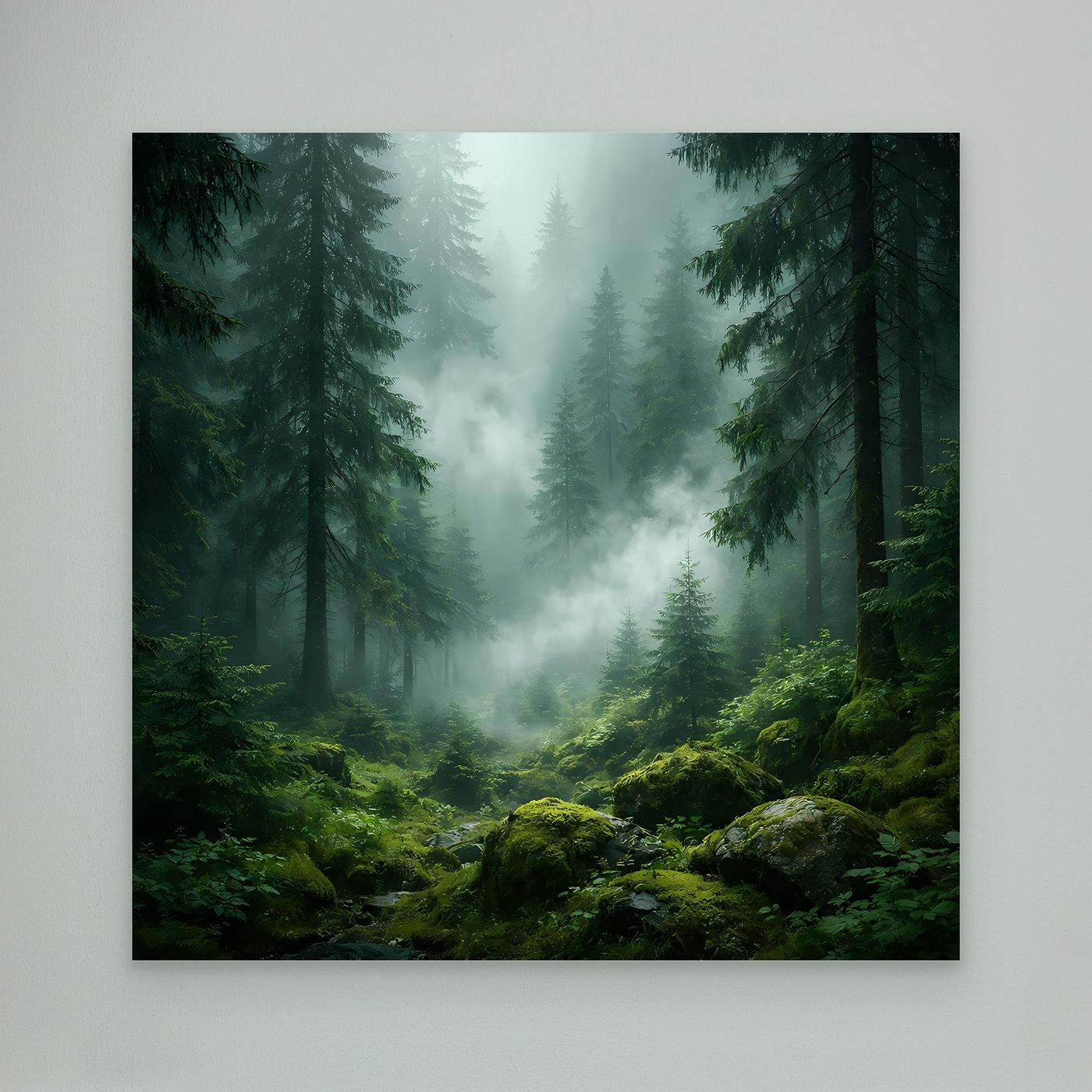Leinwandbild Wald mit Nebel: hohe Tannen, grünes Unterholz und moosige Steine, ohne Rahmen