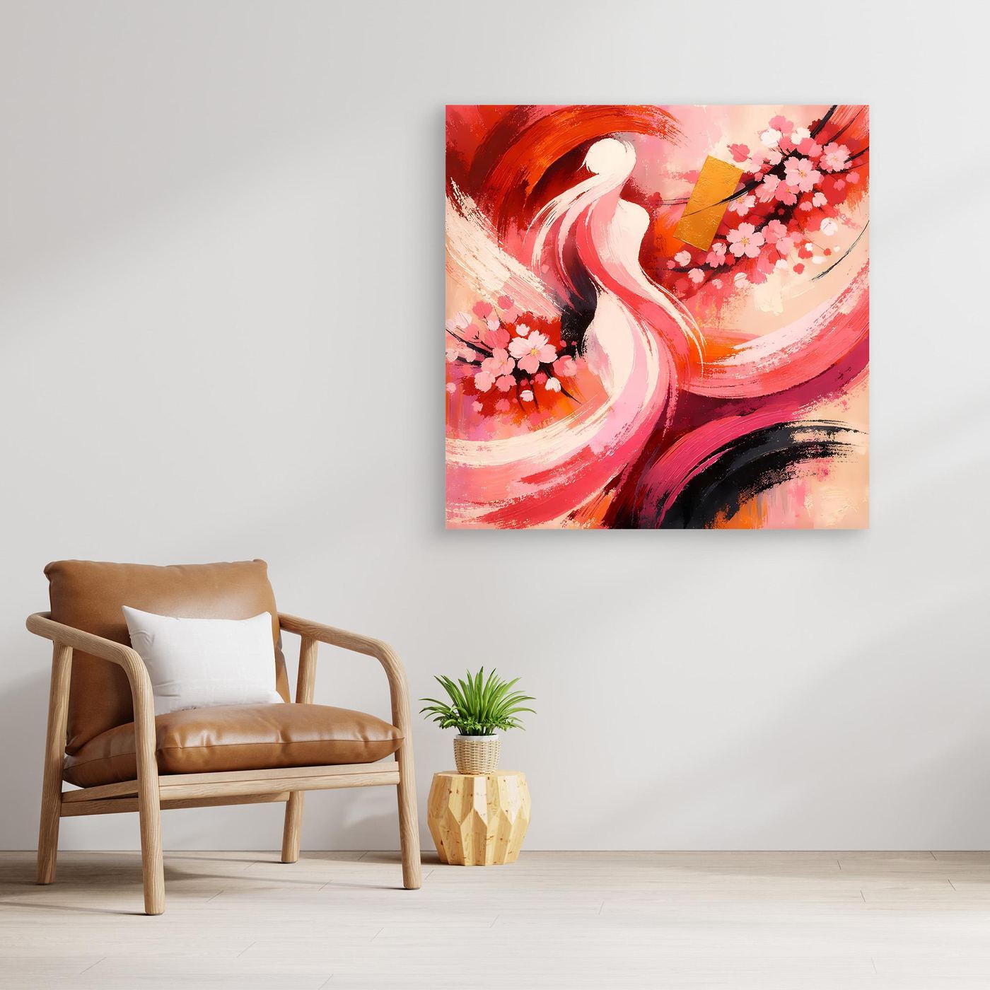 Japanisches Leinwand-Wandbild mit Kirschblüten und abstrakter Silhouette, rot-rosa, ohne Rahmen