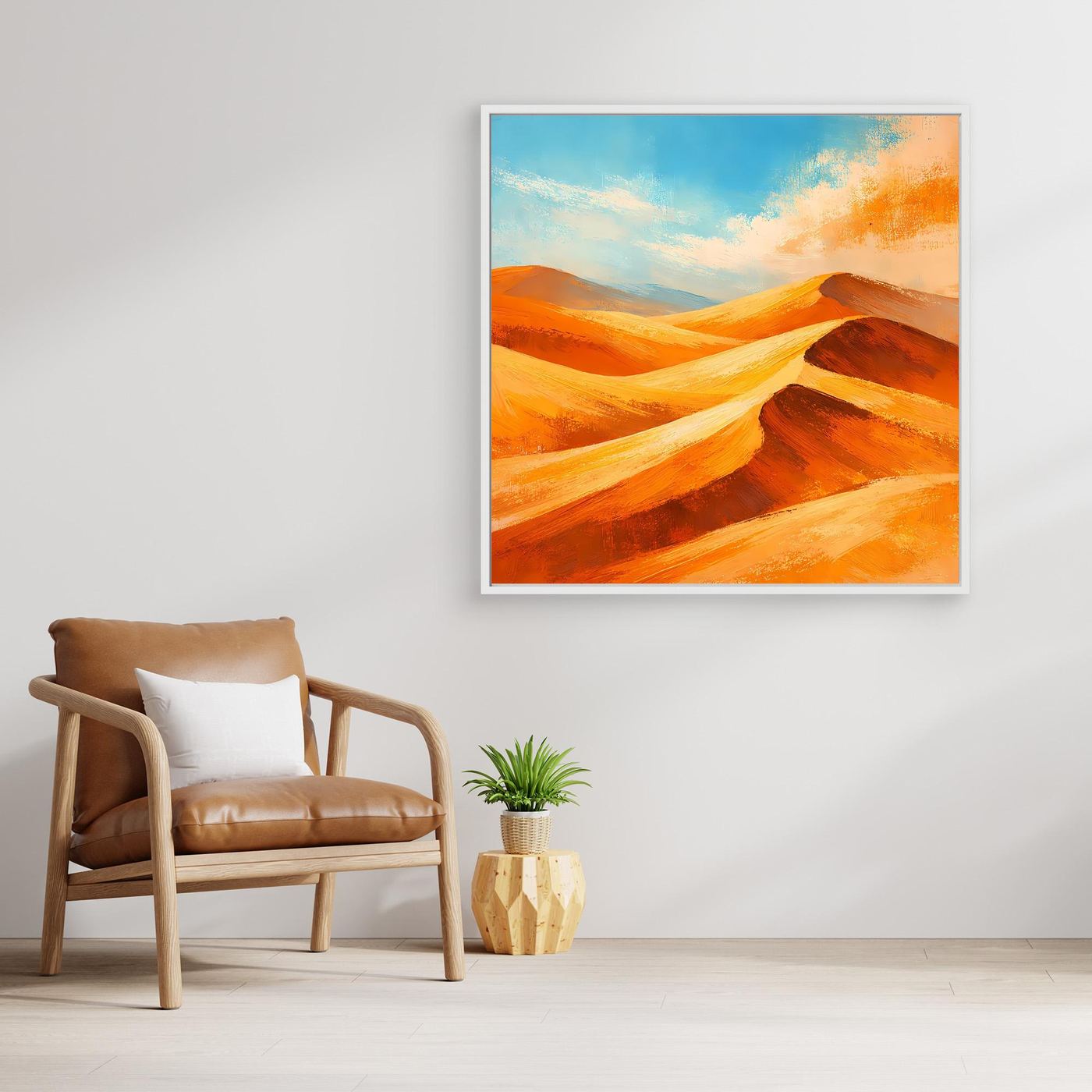 Abstract desert dunes canvas wall art with orange and gold tones, white frame