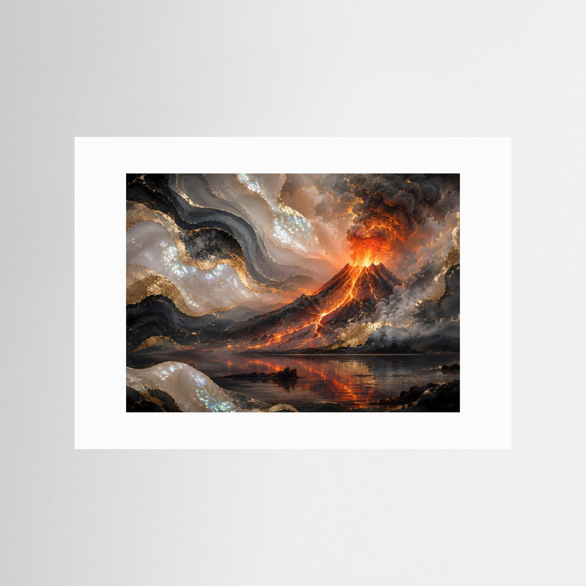 Poster im Querformat mit Vulkan, glühender Lava und goldenen Perlmutt-Akzenten ohne Rahmen