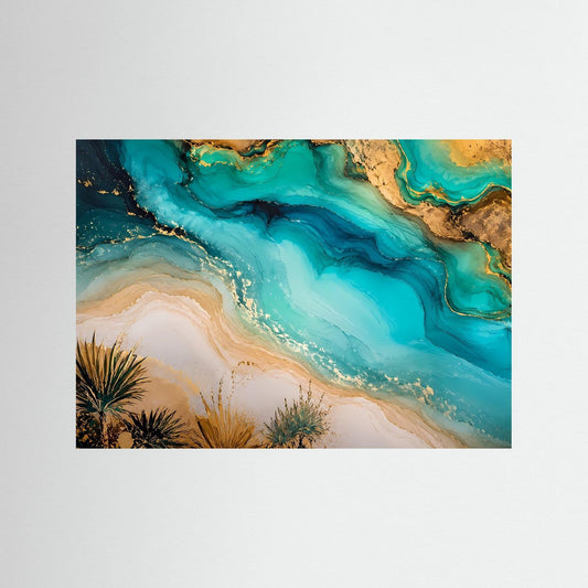 Gerahmtes abstraktes Meeresbild mit türkisfarbenen Strömungen, goldenen Akzenten und Strand