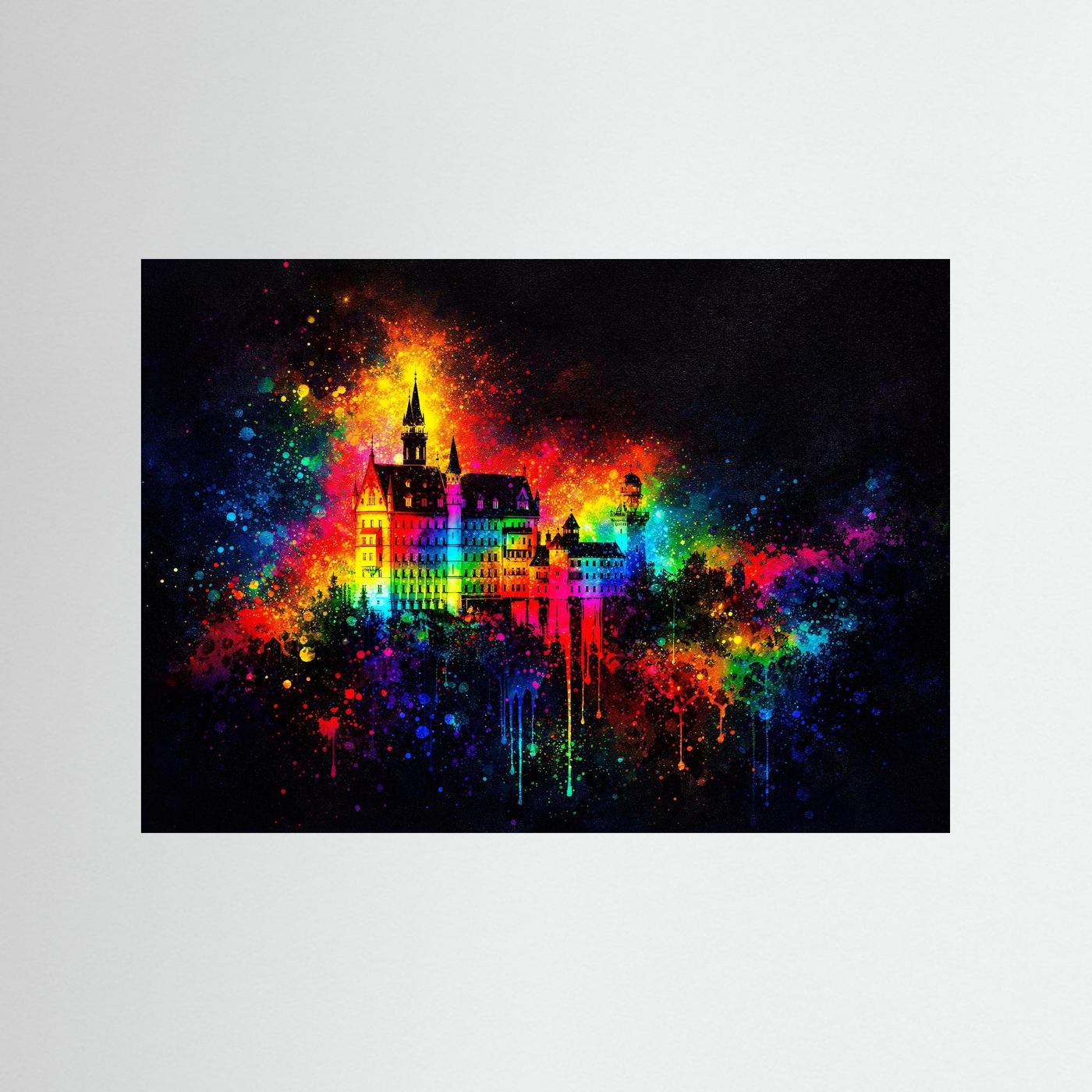 Wandbild ohne Rahmen: Fantasy-Schloss in Regenbogenfarben auf dunklem Grund
