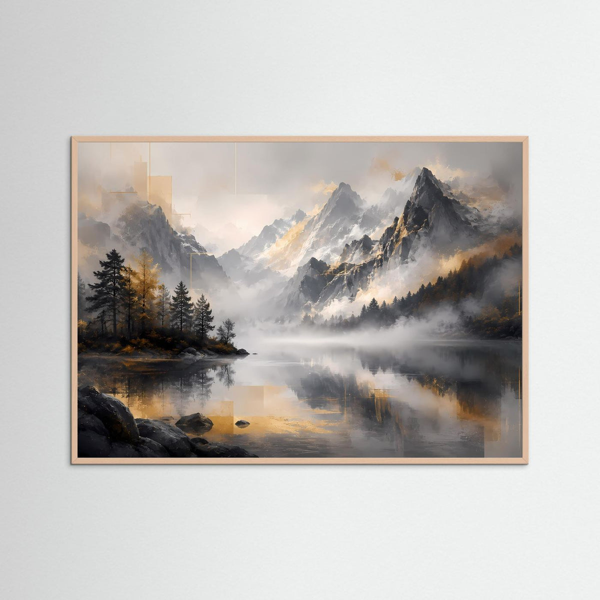 Querformatiges Poster im rosafarbenen Holzrahmen: nebliger Bergsee mit Bergen und Tannen.