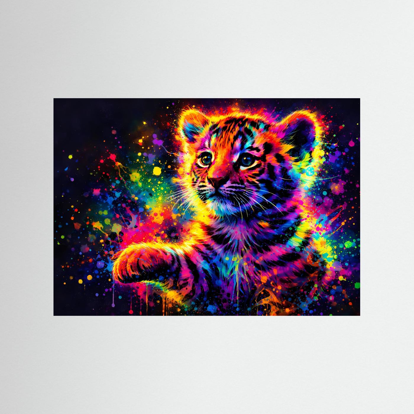 Unrahmtes Poster mit Neon-Tigerbaby-Motiv in buntem Farbnebel und Farbspritzern