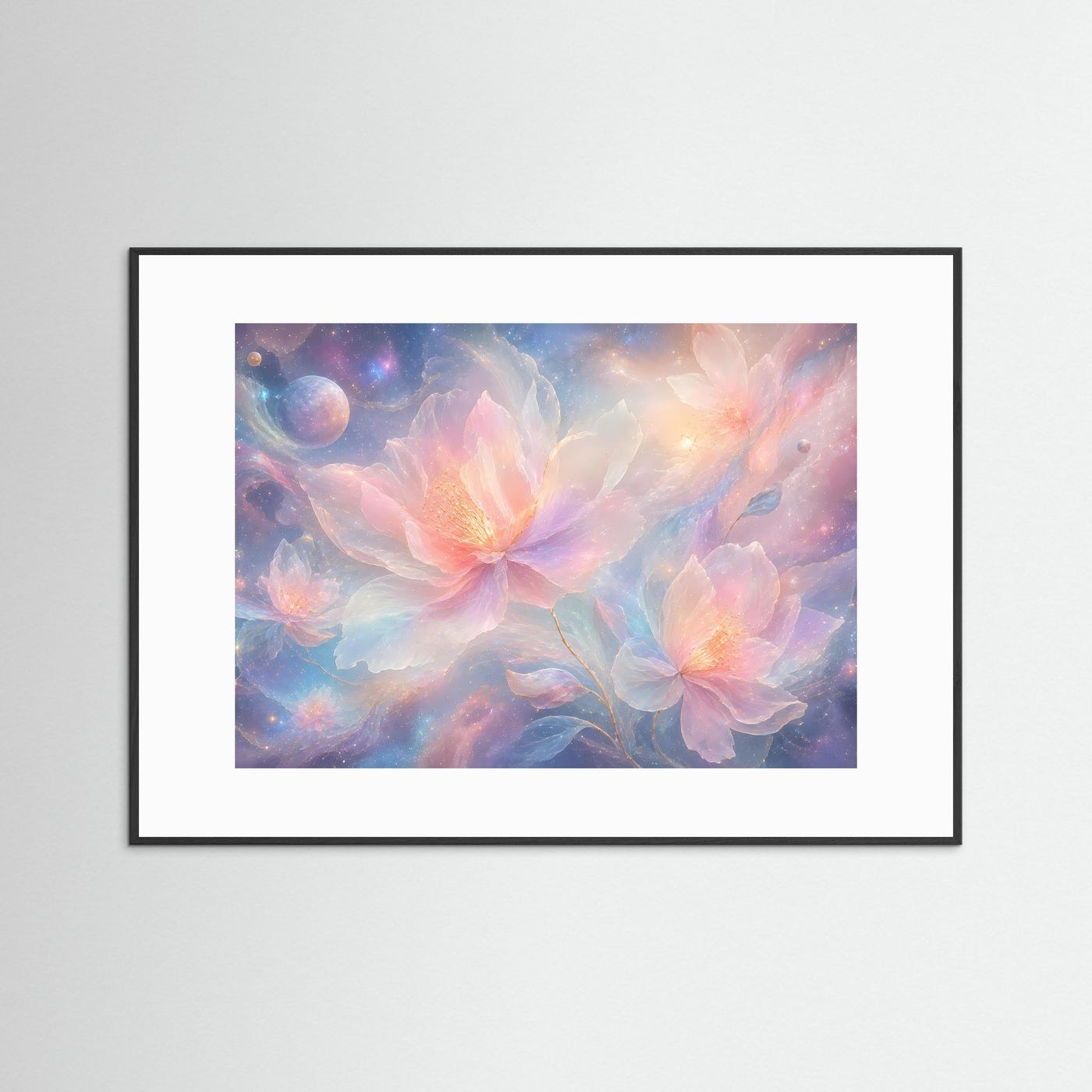 Kosmische Blumen Poster | Pastell Galaxy Wandkunst | Surreale Blumen mit Sternenhimmel | Modernes Fantasy Wandbild