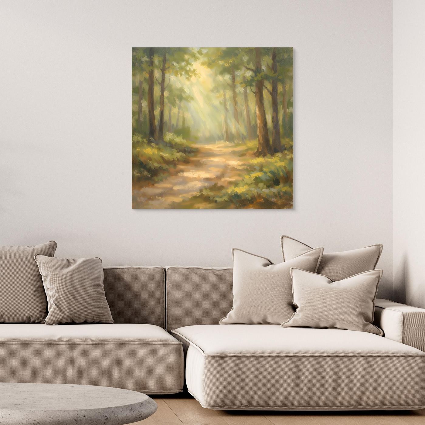 Leinwandbild Waldlandschaft mit Sonnenstrahlen, weicher Pfad im Licht