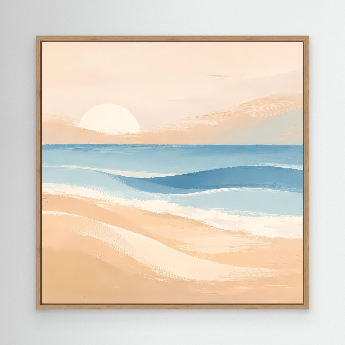 Abstraktes Leinwandbild Strand und Sonnenuntergang mit Eichenholzrahmen