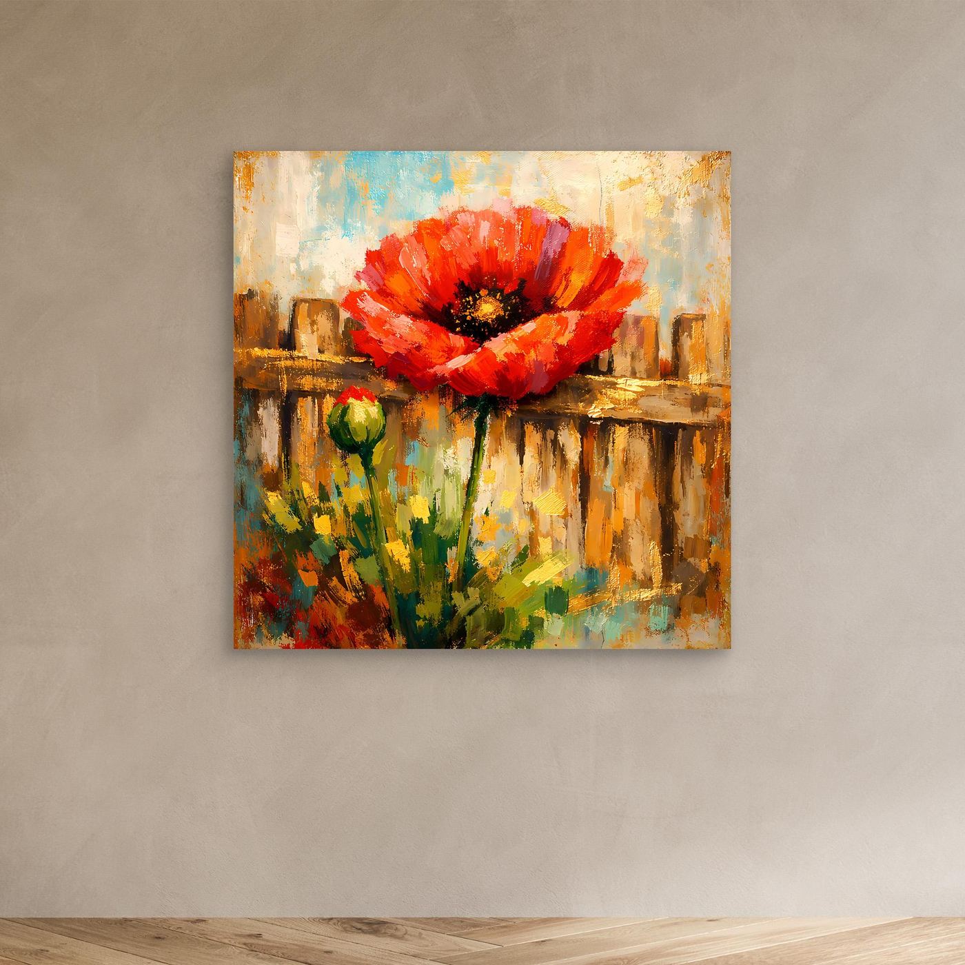 Kleines Leinwandbild mit abstrakter roter Mohnblume und grünem Stiel, ungerahmt